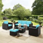 DEVOKO 5 Pieces Outdoor Conversation Set Patio Furniture Manual Weaving Wicker Outside Sectional Sofa HDPE Rattan Couch with Ottoman and Table (Black and Sky-Blue)