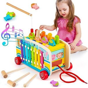 Sundaymot Juguetes Niños 1 Año, 4 en 1 Juguetes Madera Montessori Juguetes Educativos 1 Años, Regalo para Niño Niña 1 2 3 4 Años con Xilofono Infantil Martillo -Versión de Bus