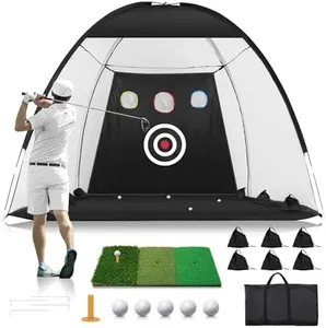 Golf Net: 10x7FT Golf Practice Net for Backyard Driving, Golf Hitting Net with Tri-Turf Golf Mat, Indoor Golf Training Chipping Aid Nets with Reduce Noise Nylon Target, Present for Him