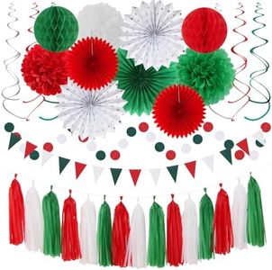 Red-Green White Christmas Party-Decorations - 33pcs Banner,Mexico Italy Streamers Tassel Garland,Tissue Pom Poms Honeycomb,Paper Lantern Fans,Mexican Italian Birthday Wedding Baby Shower Decor Hugtmr