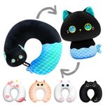 Mewaii Kids Travel Pillow, Cute Cat Stuffed Animal Plush, Cartoon Neck Pillow for Kids & Adults, Reversible Plush Squishy 2-in-1 Plush Toys for Airplane, Car, Train (13 Inches)
