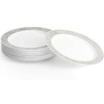 MATANA 100 Premium White Plastic Dinner Plates with Silver Lace Rim, 26cm / 10 Inch - Elegant & Reusable Party Tableware for Weddings, Birthdays, Picnic, BBQ, Parties