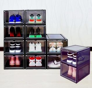JECCICHY 12 Pack Black Shoe Storage Boxes Stackable, Plastic Shoe Boxes with Lids, Sneaker Storage, Transparent, Thick Hard, Drop Front Door, Within US Size 13