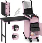 EASYINBEAUTY Rolling Portable Manicure Table with 2 Drawers, Mirror & Nail Polish Organizer, Lockable Makeup Train Case with Foldable Nail Desk, Cosmetic Travel Case for Workstation Mobile, Nail tech