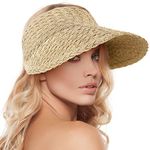 Women's Wide Brim Sun Hats Roll-up Foldable Straw Golf Visor Hat, Beige/Brown, One Size