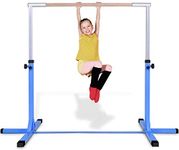 GYMAX Kids Adjustable Gymnastics Horizontal Bar, Children Sport Training Bar with Durable Beech Wood Bar and Steel Pole, Junior Kip High Bar for Home Garden (Blue)