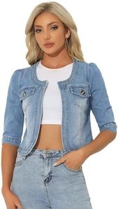Allegra K Giacche di jeans corte da donna senza colletto con maniche a 3/4, Azzurro, L