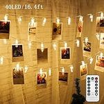 Twinkle Star 17.3ft 40 LED Photo Clips String Lights Battery Operated & Remote Control Fairy String Lights with Clips for Hanging Pictures Cards Artwork Warm White