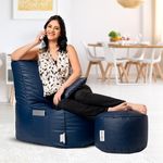 Amazon Brand - Solimo Premium Faux Leather Chair Bean Bag Combo with Footrest & Cushion, Filled with Beans | Capacity: Upto 6 Ft 3 in Height, 120 KG Weight | Navy Blue