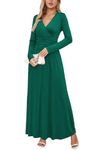 OUGES Women's Fall Long Sleeve Wrap V-Neck Maxi Dress Casual Long Dresses with Pockets(Green,Medium)