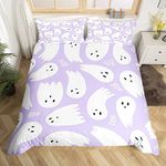 Kawaii Ghost Bedding Set Halloween Theme Comforter Cover Set for Kids Teens Bedroom Decor Purple Cartoon Style Duvet Cover Microfiber Breathable Bedspread Full Size