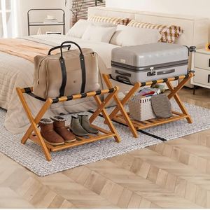 Smart FENDEE Fully Assembled Bamboo Luggage Racks Pack of 2, Folding Suitcase Stand with 5 Nylon Straps, Storage Shelf, Ideal for Guest Room, Bedroom, Hotel, Honey Oak