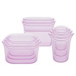 Zip Top Reusable 100% Silicone Food Storage Bags and Containers - Full Set- 3 Cups, 3 Dishes & 2 Bags - Lavender