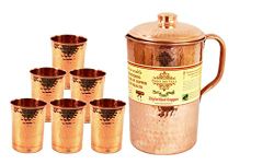 Indian Art Villa Set of 1 Pure Copper Hammered Jug Pitcher 1700 ML with 6 Glass Tumbler Cup 380 ML Each - Storage Water Home Hotel Restaurant Good Health Benefit Yoga