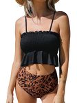 CUPSHE Women's Bandeau Smocked Bikini Swimsuit Ruffled High Waisted Bikini Sets Two Pieces Bathing Suits Black/Leopard Print XL