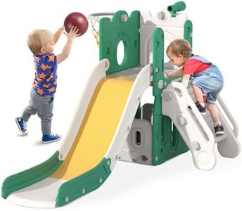 BIERUM 6 in 1 Toddler Slide L-Shaped, Kids Slide for Toddlers Age 1+ with Basketball Hoop and Ball, Outdoor Indoor Slide Playset Toddler Playground Easy Assembly