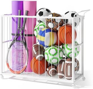 Homsorout Ball Storage Bin Rolling Sports Ball Cart, Metal Garage Organizer Sport Rack, Ball Basket Storage, Ball Cage for Garage or Gym, Indoor & Outdoor Sports Equipment Organizer（white）