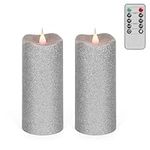 2Pcs Glitter Flameless Candles 6'' Silver 3D Flickering Moving Flame Wick LED Candles Battery Powered Pillar Flameless Candle Set with Timer and Remote for Home Anniversary Events Décor