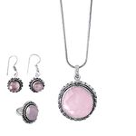 9Dzine Rose Quartz Crystal Necklace Set for Women Girls | Stylish Pendant Ring Earring Jewellery Set for Women Couple Love Anniversary Wedding Gifts for Women