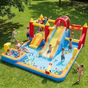 Inflatable Bounce House, 13-in-1 Double Water Slide Bouncy Castle for Kids 3-12, with Pools, Bouncer, Climbing Wall, Water Gun, 550W Blower for Indoor Outdoor Backyard, 185"×157"×83" Blue