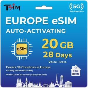 TSIM Europe Prepaid eSIM Card 28 Day with Callhome | 20GB 5G/4G Speed Data | Unlimited Local & Canada Calls | Use in The UK, Switzerland, Turkey & 30+ EU Countries | Plug & Go – Auto Activating!