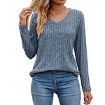 AMhomely Ladies Tops Sale Clearance Womens Casual Fall Sweater Long Sleeve Sweatshirts Tops Ribbed Knit Jumpers Loose V-Neck Baggy Slouchy Pullover Sweaters Basic Underwear, XXL, 01* Blue