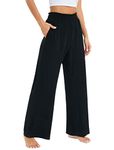 Famulily Women's Wide Leg Pull On Trousers Work Office Casual High Waisted Lounge Pants with Pockets Black L