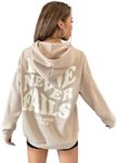 Floerns Women's Letter Graphic Print Long Sleeve Drawstring Hoodie Sweatshirts A Khaki Medium