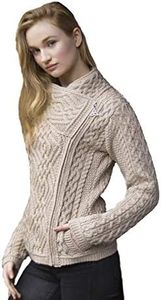 Aran Crafts Women's Irish Cable Knitted Wool Side Zip Cardigan (100% Merino Wool), Parsnip, X-Large