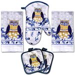 Lobyn Value Packs: Whimsical Blue Owl 5 Piece Kitchen Towel Set, includes 2 Decorative Dish Towels, 1 Oven Mitt & 2 Potholders for Enchanting Style