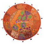 Stylo Culture Decorative Bohemian Floor Cushion Pillow Scatter Cushion Cover Orange 70x70 cm Vintage Patchwork Living Room Round Large 28 inch Hallway Cotton Embroidered Sitting Furniture Cover