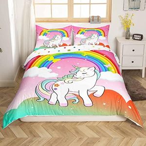 Girls Unicorn Bedding Set Full Size Kawaii Cute Unicorn Duvet Cover Ombre Starry Sky Bedding Cartoon Horse Comforter Cover Colorful Rainbow Butterfly Reversible Bedspread Cover Bedroom Decor,3Pcs