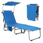 GYMAX Folding Chaise Longue, Adjustable Beach Chair with Canopy Sun Shade & Side Pockets, Heavy Duty Sunbathing Recliner Cot for Outdoor Patio Yard Poolside (1, Navy)