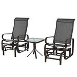 Outsunny 3 Pieces Garden Gliding Chair Set, Metal Frame 2 Single Armchair Swing Seater and 1 Glass Top Coffee Table w/Breath Mesh Fabric Seat, Brown