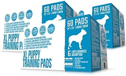 Bulldogology Puppy Pee Pads XL with Adhesive Sticky Tape - Extra Large Dog Training Wee Pads (24x35) 6 Layers with Extra Quick Dry Bullsorbent Polymer Tech (180-Count, White)