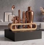 Car-O-Bar Copper Gold Bar Set with Stand | 10 Piece Bartender Kit :Cocktail Shaker, Bar Spoon, Jigger, Muddler, Strainer, Wine & Beer Bottle Opener, 2 Pour Spouts, Tong, Wooden Stand