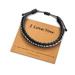 Morse Code Bracelets Gifts for Men, 18K Real Gold Plated Beads on Black Leather Bracelet for Men Inspirational Bracelets Gifts for Mens Jewelry Unique Birthday Fathers Day Thanksgiving Gifts for Him,