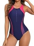 CharmLeaks Women Front Zip One Piece Swimsuit Athletic Racerback Lap Bathing Suit Hop Pink/Navy S