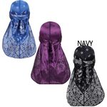 DINPREY Assorted Paisley Bandana Doo rag Cap Headwraps Men's Women's Silk Durag with Long Tail and Wide Straps for 360 Waves, Navy Blue,purple,blue, One Size