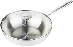 Dr.HOWS ESSENTIAL Tri-ply construction Stainless Steel Kitchen Cookware Wok, Pan with Glass lid Induction, Gas Cookware, Easy To Clean,Dishwasher Safe, Oven Safe, Silver (11" wok with lid)