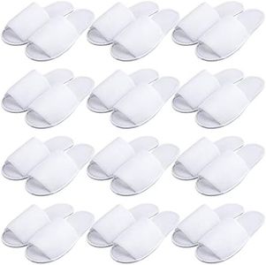 URATOT 12 Pairs Spa Slippers Disposable Open Toe White Slippers Fluffy Slippers for Home, Hotel, Travel and Party Guest, White, Medium