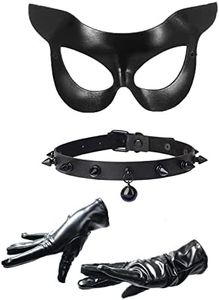 Funsveta Women's Cat Ear Half Mask Black Whip and Leather Glove Costume Set Halloween Cosplay Party Accessories (Cat Mask +Studded Rivet Necklace+Glove)