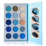 Blue Eyeshadow Palette Matte Shimmer Makeup Eyes, AFFLANO Highly Pigmented Waterproof Eye Shadow Blue Palette, Vegan Nude Silver Grey Glitter Metallic Navy Dark Light Space-Blue Eyeshadow Pallet Shade