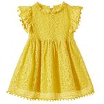 Niyage Toddler Girls Elegant Lace Pom Pom Flutter Sleeve Party Princess Dress Mustard Yellow 140