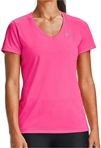 Under Armour Women's Tech V-Neck Twist Short-Sleeve T-Shirt, Cerise (653)/Metallic Silver, X-Small