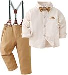 DISAUR Baby Boy Clothes Suits, Toddler Dress Shirt With Bowtie + Suspender Pants Outfit Sets Gentleman Wedding 1-6 Years (Beige,4-5 years)