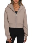 Oyamiki Ladies Zipper Sweatshirts Long Sleeve Cropped Gym Tops with Pockets Thumb Hole Y2k Hoodie Light Brown