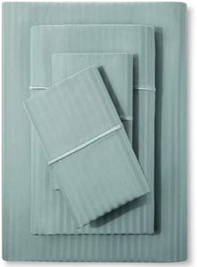 Feather & Stitch 500 TC Queen Size Bed Sheet Set, 100% Cotton Soft Breathable Bedsheets 4 Piece 18" Deep Pockets Sateen Weave Striped Bedding Mattress Resort Hotel Luxury - (Granite Green Stripe)