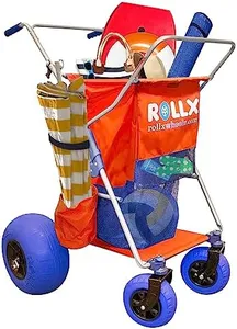 RollX Beach Cart with 4 Balloon Wheels for Sand, Foldable Storage Wagon with Rear 13 Inch Beach Tires, Front 7 Inch Beach Tires (Pump Included) (Orange)