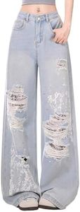 kakarin choyx Vintage Cute High Waisted Straight Leg Denim Pants Fashion Y2K Lace Rhinestone Printed Ripped Fringe Jeans 8 Blue Gray